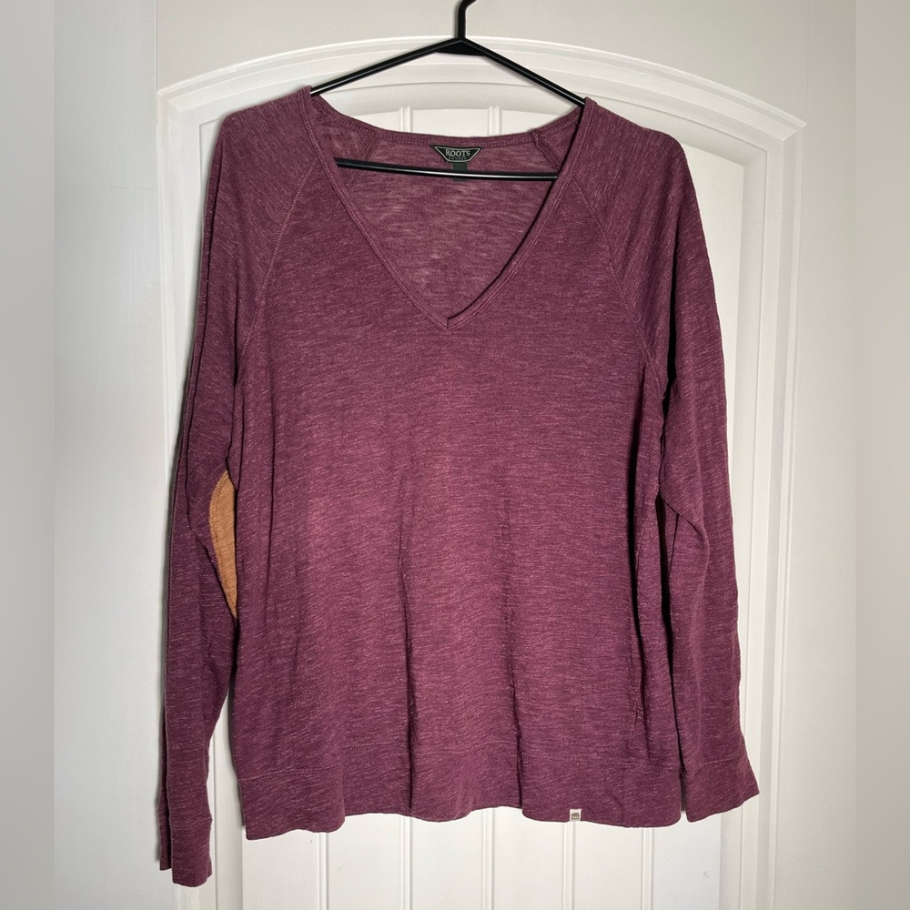 Roots Women's Long Sleeve V-Neck Top - Plum with suede look elbows
